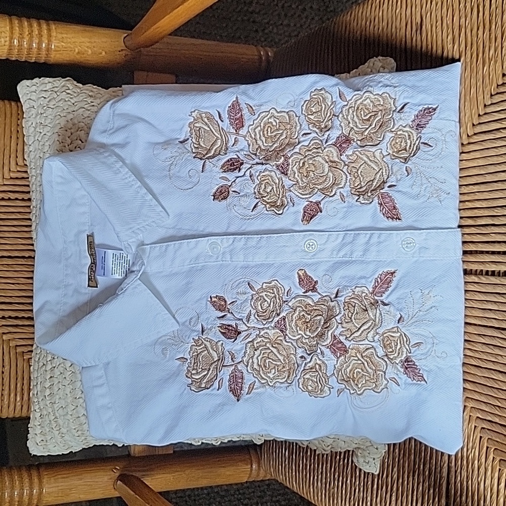 Alan Jackson collection, white/tan, floral button-down, fitted shirt, sz L